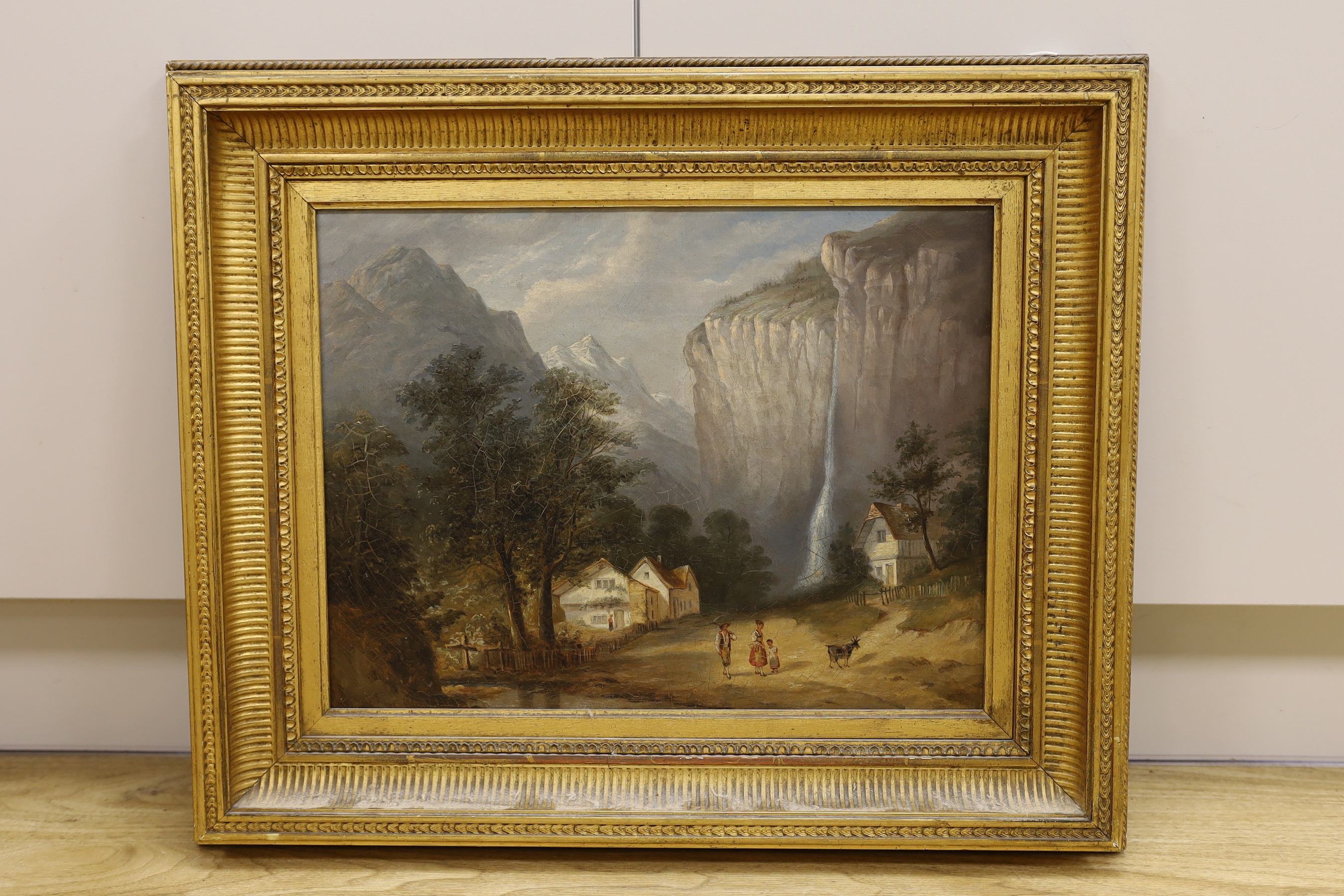 19th century, oil on canvas, Swiss mountainous landscape with figures and chalets, 32 x 42cm